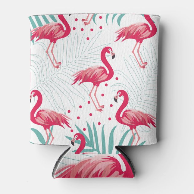 Porta-lata Flamingo tropical e folhas, padrão de verão. (Frente)