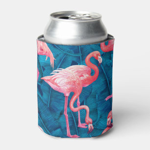 Porta-lata Flamingos em folhas de bananas azuis