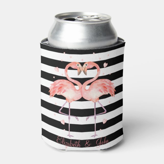 Porta-lata Flamingos Fofos Apaixonados,Listras Pretas e Branc (Can Front)