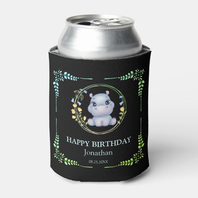 Porta-lata Flor de Hippopotamus, coroa, Aniversário, Preto (Can Front)