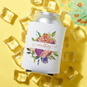 Porta-lata Floral personalizado em aquarela roxa e laranja
