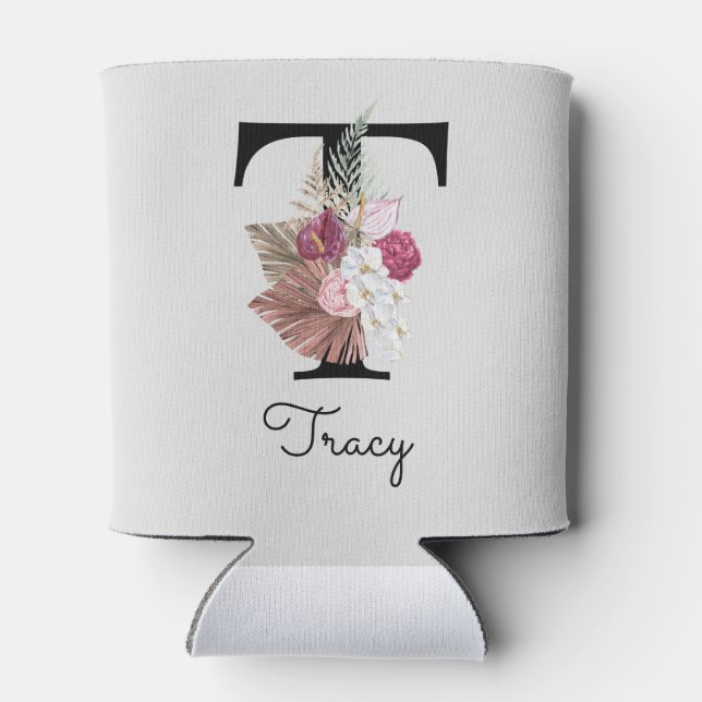 Porta-lata Floral Rosa Monograma Inicial T (Traseira)