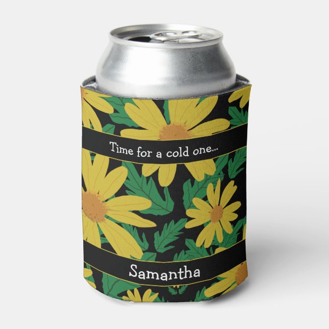 Porta-lata Flores amarelas margaridas com folhas verdes (Can Front)