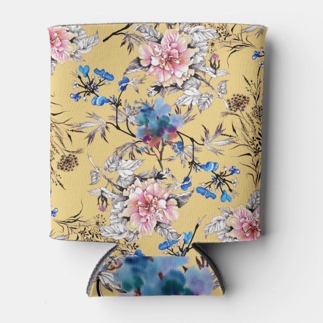 Porta-lata Flores aquarelas: padrão de fundo amarelo. (Frente)