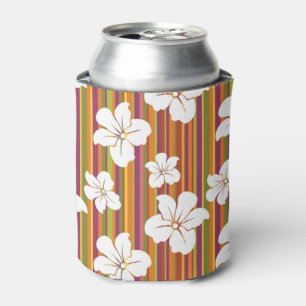 Porta-lata Flores brancas sobre fundo listrado