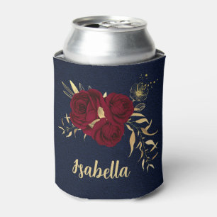 Porta-lata Flores burgundy elegantes dourado azul-marinho