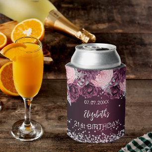 Porta-lata Flores cor-de-rosa-prateado de aniversário