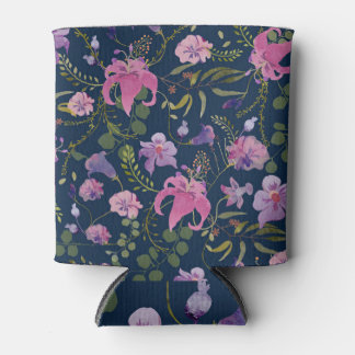 Porta-lata Flores cor-de-rosa, violeta, fundo aquoso escuro.