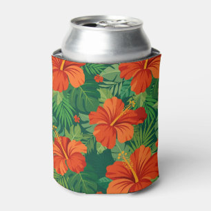 Porta-lata Flores de Hibisco Vermelho Laranja Verde Folhagem