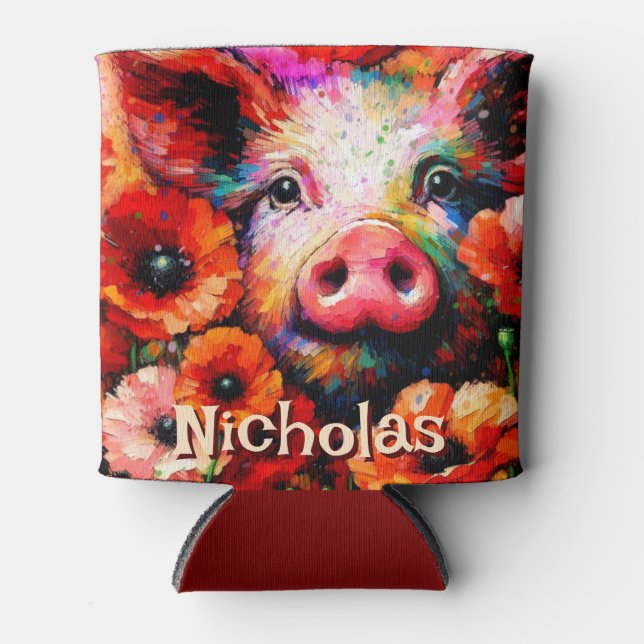 Porta-lata Flores de Suínos Vermelhos Impressionistas Persona (Frente)