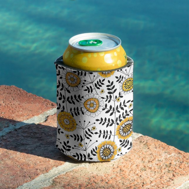 Porta-lata Flores e folhas de rabo em amarelo e preto (Piscina in situ)