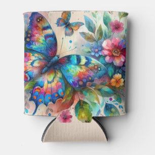 Porta-lata Flores Florais De Borboleta De Aquarela Azul Rosa