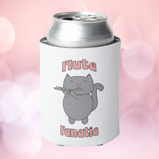 Porta-lata Flute Fanatic Cat Cute Musician Kitty Design (A can cooler featuring a gray cat playing the flute with the words Flute Fanatic)