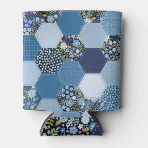 Porta-lata Folha floral, colagem de denim: padrão azul.