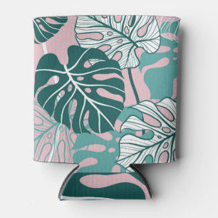 Porta-lata Folhas de monstera desenhadas à mão, fundo rosa.