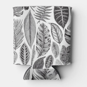 Porta-lata Folhas exóticas, preto e branco floral vintage.