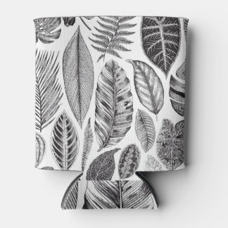 Porta-lata Folhas exóticas, preto e branco floral vintage.