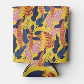 Porta-lata Folhas tropicais e bagas, fundo amarelo.