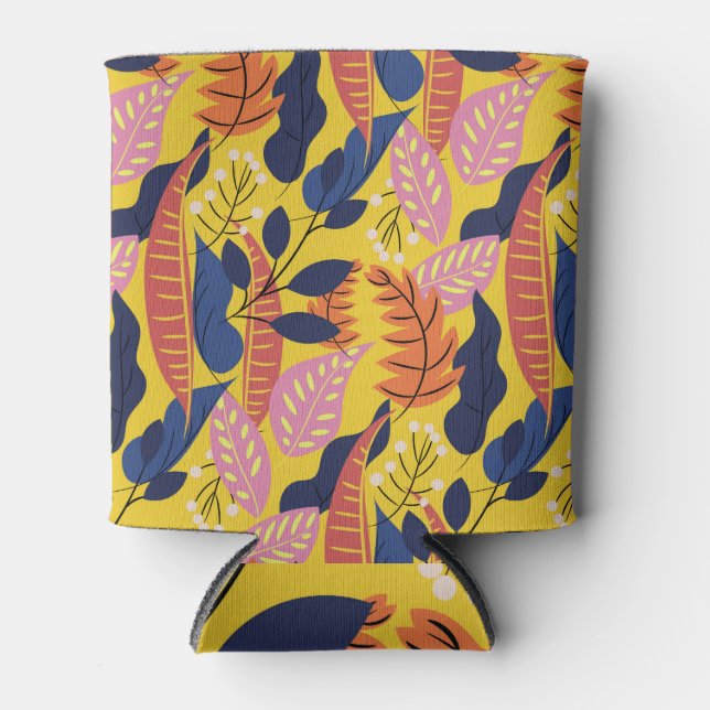 Porta-lata Folhas tropicais e bagas, fundo amarelo. (Frente)