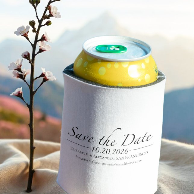 Porta-lata Foto da caligrafia em preto e branco Salvar a data (Criador carregado)