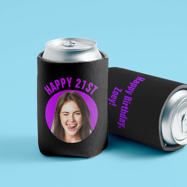 Porta-lata Foto de TEXTO PERSONALIZADO de aniversário de 21 a (Front and back of a black can sleeve with "Happy 21st" in purple above a round custom photo cutout)