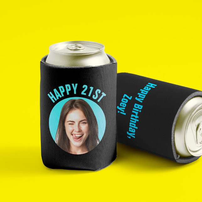 Porta-lata Foto de TEXTO PERSONALIZADO de aniversário de 21 a (Front and back of a black can sleeve with "Happy 21st" in bright blue above a circular custom photo)