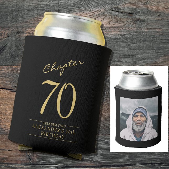 Porta-lata Foto Dourada 70 Birthday Black (70th birthday black and gold personalized can cooler with elegant script and photo template.)