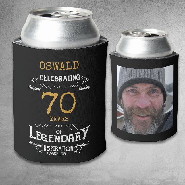 Porta-lata Foto lendária Dourada de 70 Birthday Black (A personalized elegant 70th birthday can cooler that is easy to customize for that special birthday)