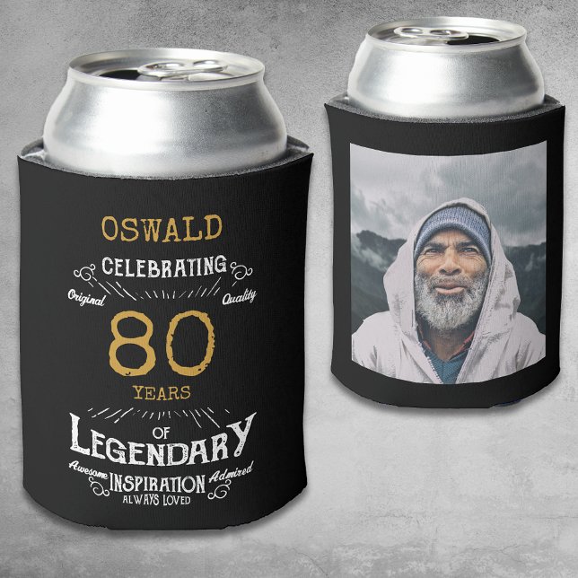 Porta-lata Foto lendária Dourada de 80 Birthday Black (A personalized 80th birthday elegant can cooler that is easy to customize with name, age and photo.)