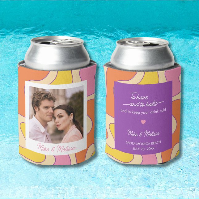 Porta-lata Foto Personalizada Casamento Retro Groovy (Criador carregado)