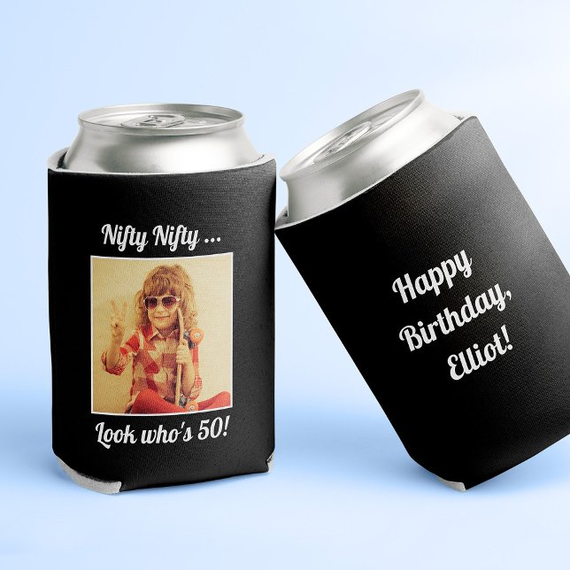 Porta-lata Foto personalizada divertida Legal 50º aniversário ("Nifty look who's 50" black can cooler with photo on the front and custom text on the back)