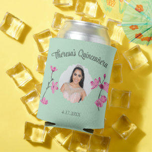 Porta-lata Foto personalizada do Flor Verde de Cereja rosa e 