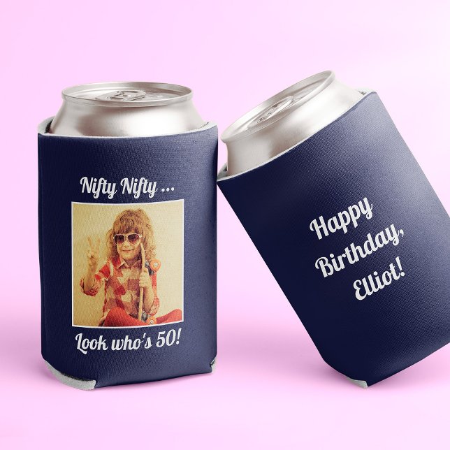 Porta-lata Foto personalizada Legal 50º aniversário ("Nifty look who's 50" navy blue can cooler with photo on the front and custom text on the back)