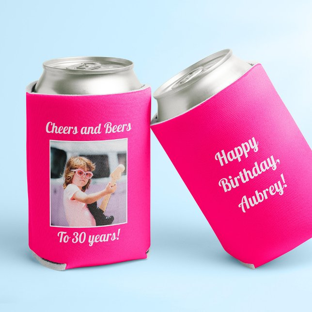 Porta-lata Foto personalizada, Legal aniversário de 30 anos (Two pink can holders; one reads "Happy Birthday, Aubrey!" + the other a photo and "cheers and beers")