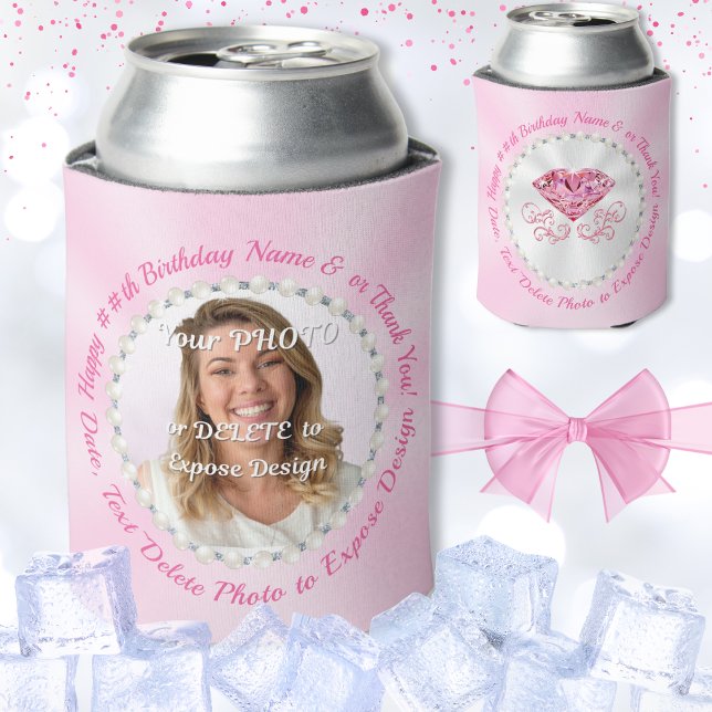 Porta-lata Freseiros personalizados, favoritos de fotos (Birthday Can Coolers are nice Personalized birthday party favors. Soft pink birthday party supplies.)