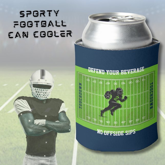 Porta-lata Funny Football Party Favor Beverage Can Cooler (Navy and green football can cooler with 'Defend Your Beverage' text. Ideal for the big game!)