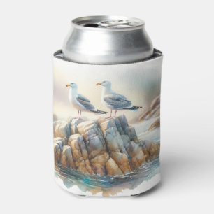 Porta-lata Gaivotas Costeiras Aquarela Paisagem Marítima