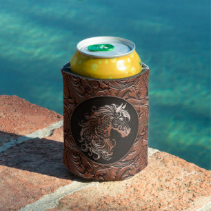 Porta-lata Galinha castanha, cabeça de cavalo de couro floral