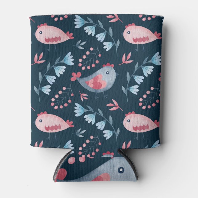 Porta-lata Galinhas Folk: Padrão Sem Costura De Aquarela. (Frente)