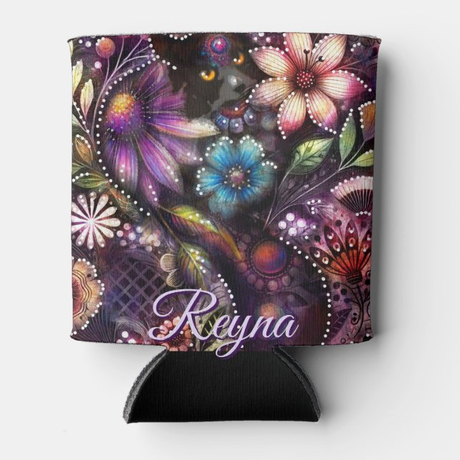Porta-lata Garden Kitty Cat Floral Abstract Personalized (Frente)