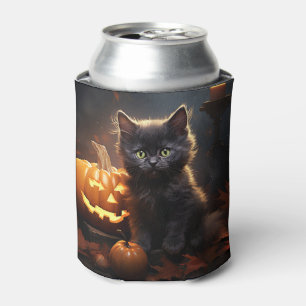Porta-lata Gatinho Preto e Abóbora Bonitos no Halloween