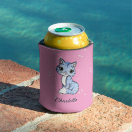 Porta-lata Gato azul bonito com nome personalizado rosa