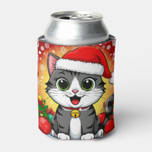 Porta-lata Gato de desenho animado com chapéu de Papai Noel e