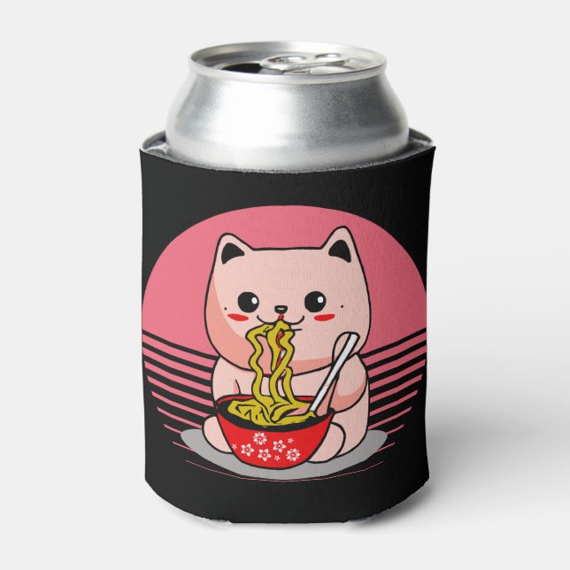 Porta-lata Gato Kawaii bonito comendo rêmen (Can Front)