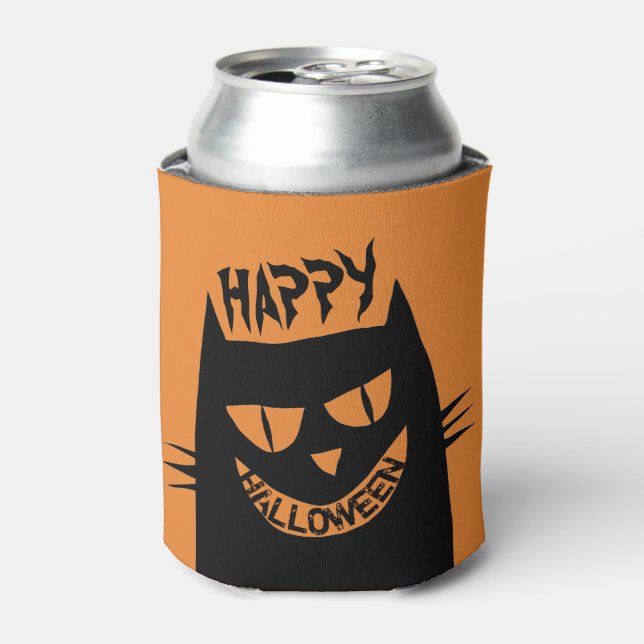 Porta-lata Gato Negro de Halloween assustador em laranja (Can Front)