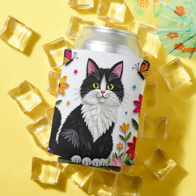 Porta-lata Gato Personalizado, Flores e Borboletas   (Verão in situ)
