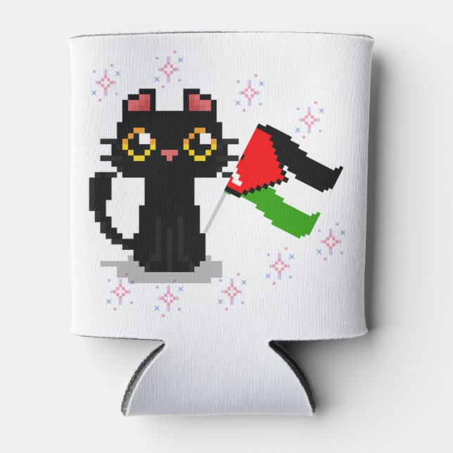 Porta-lata gato preto bonito segura bandeira da Palestina (Frente)