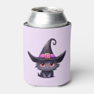 Porta-lata Gato preto bonito Vestindo chapéu de bruxa