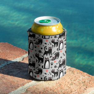 Porta-lata Gato Preto Fofo Padrão Sem Costura Em Cinza Claro