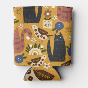 Porta-lata Gatos e Pássaros Vintage, Desenhados à Mão.